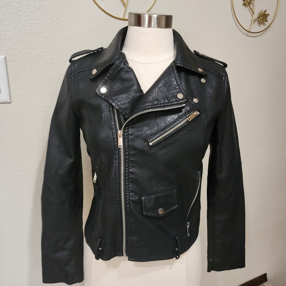 Ly Varey Lin Faux Leather Moto Jacket  Motorcycle Biker Fitted Black Size Small